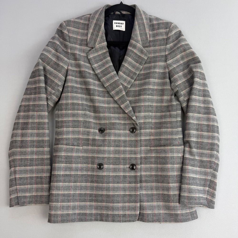 Sunday Best Aritzia Galt Blazer Preppy Academia Gray Plaid Double Breasted Med